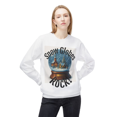 Cozy fleece crewneck sweatshirt featuring a snow globe design, perfect for festive holiday wear.