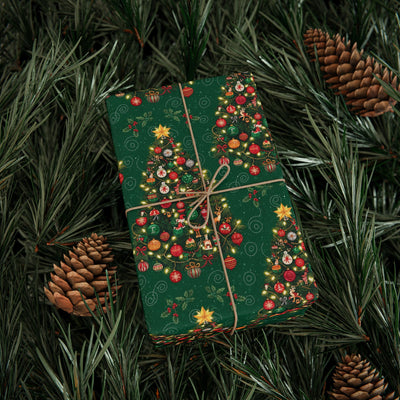 Christmas Tree Wrapping Papers Fun Holiday Pattern Festive Gift Wrap Roll on a green background with pine cones.