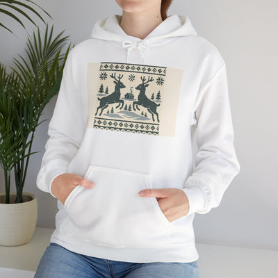 Reindeer Nordic Knit Hoodie - Vintage Christmas Sweatshirt with festive reindeer design in white hoodie.