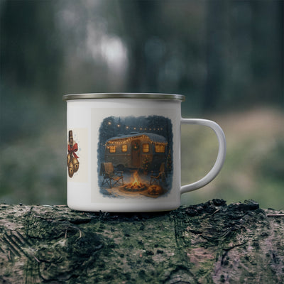 Cozy Campfire Mug Holiday Cabin Mug showcasing a winter camper scene by a cozy fire amidst nature.