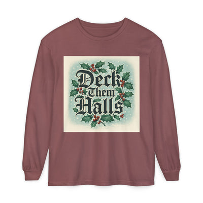 Holiday Cheer Long Sleeve T-Shirt - Deck Them Halls Design featuring festive artwork and a cozy fit.