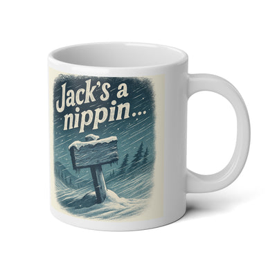 Winter Jumbo Mug 20oz Christmas Coffee Cup Snowy Scene Mug featuring 'Jack's a nippin' text and winter landscape.